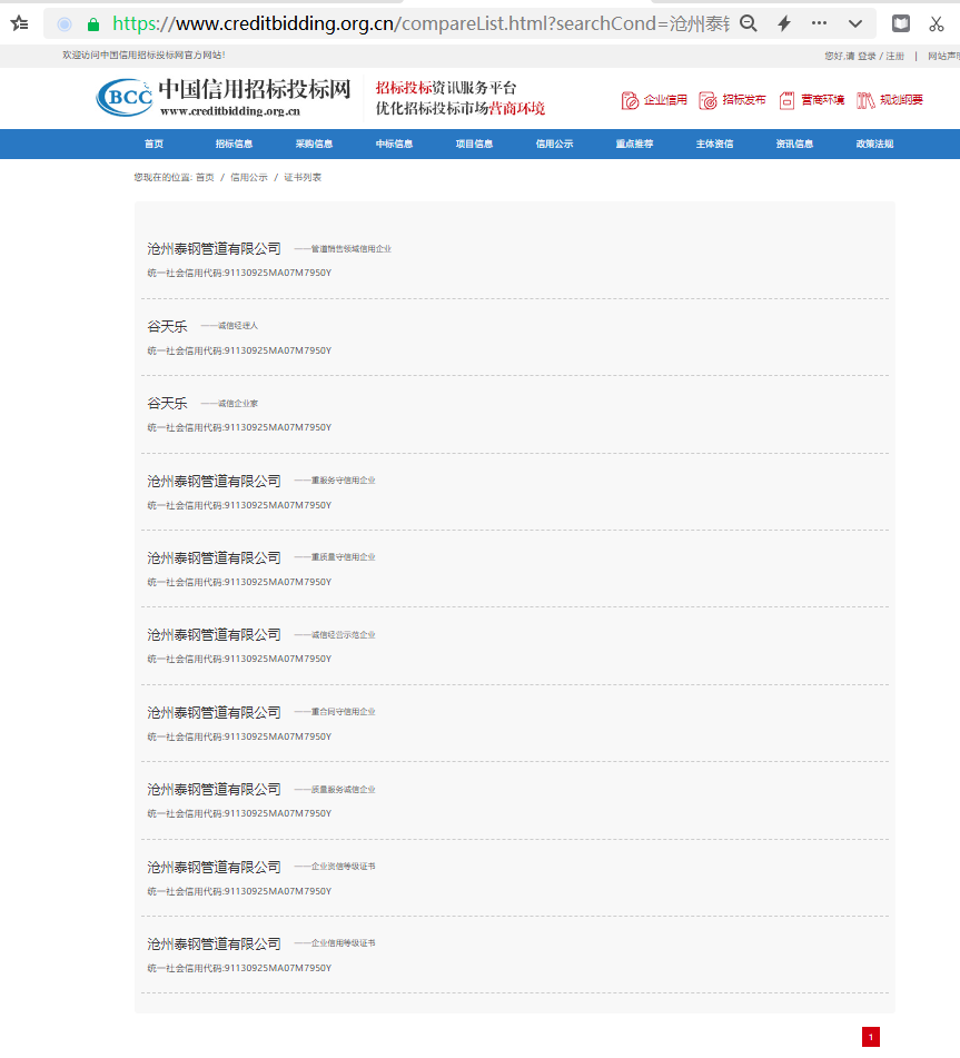 中国信用招标投标网公示截图